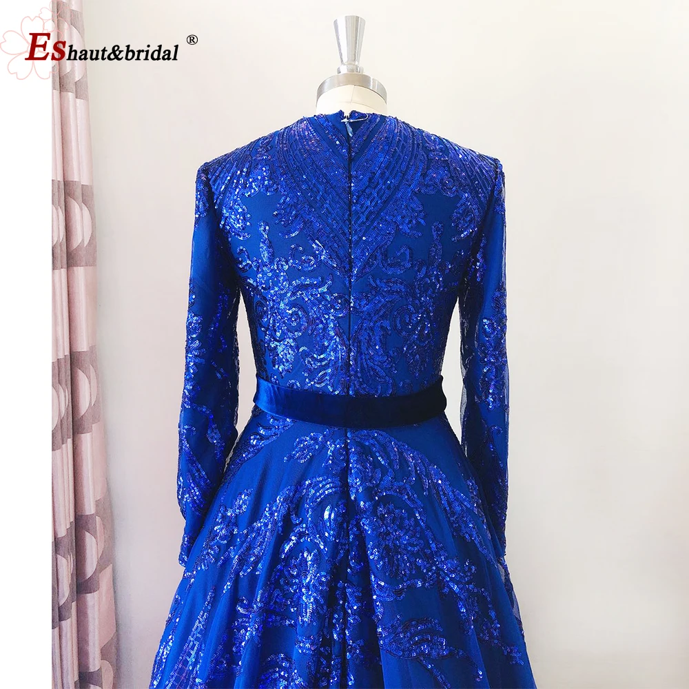 Elegant A-Line Evening Night Dress for Women Muslim 2023 Vintage O Neck Long Sleeves Sequins Formal Prom Wedding Party Gowns