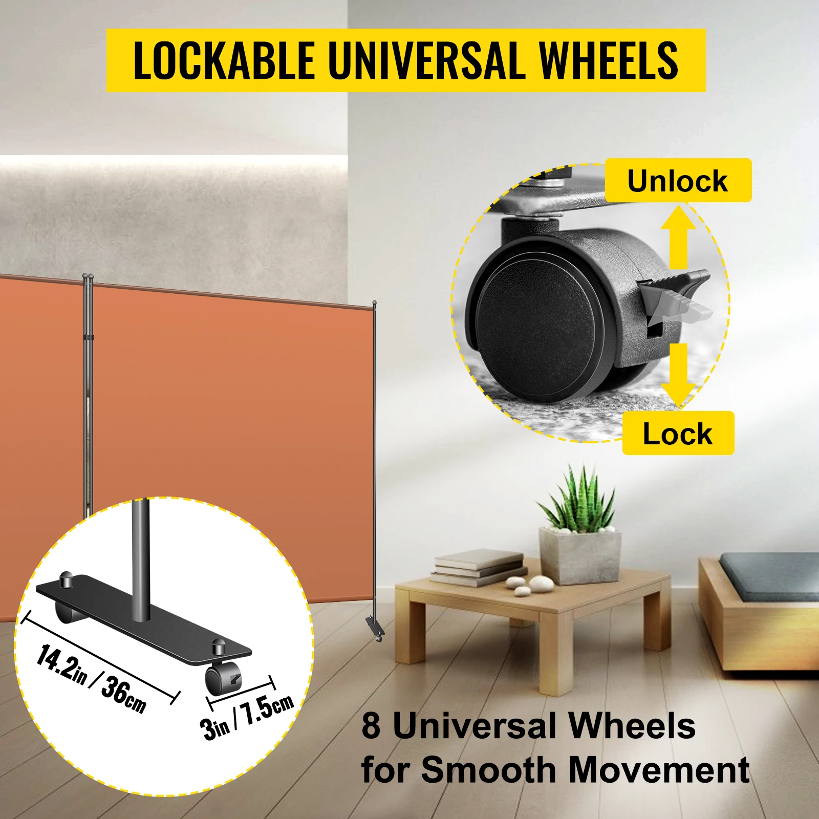 VEVOR-Divisor de pared con ruedas universales bloqueables, Panel de 3 paneles para dormitorios, salas de conferencias, 216x72 pulgadas, color Naranja