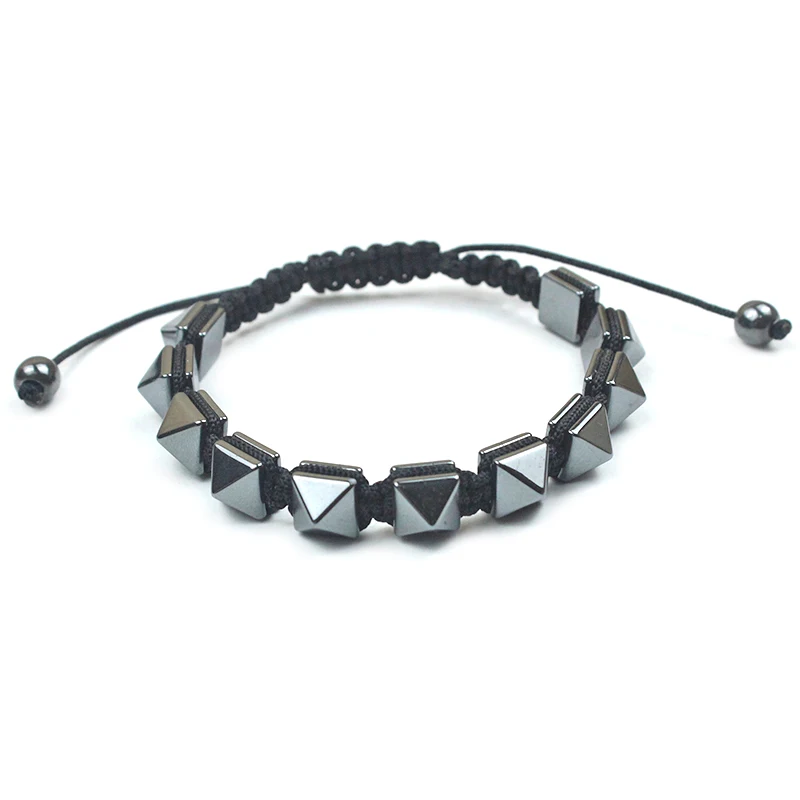 Luxury Fashion Beaded Bracelet Natural Stone Faceted Square Cone Black Gallstone Hematite Decoration Adjustable Bracelet