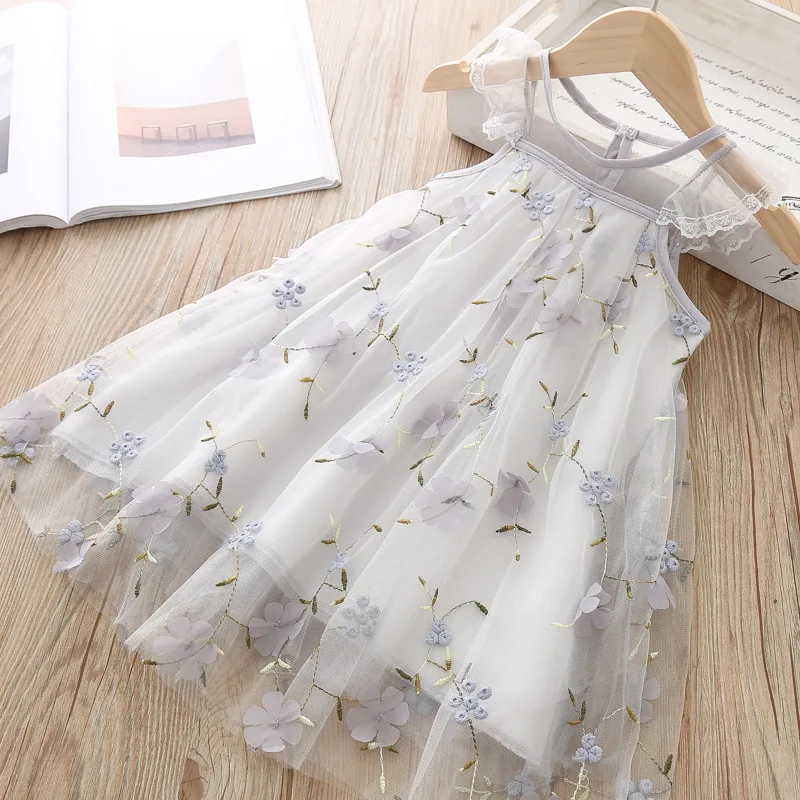 Girls Dresses Girls 2022 Summer Embroidered Floral Mesh Princess Dress Birthday Party Dress Kids Dresses for Girls