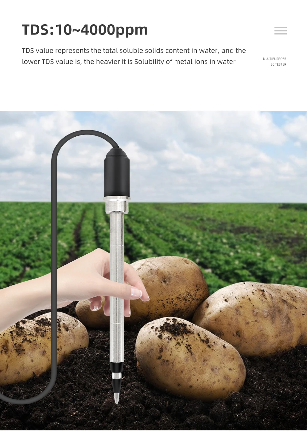 

EC-3185 Soil Meter 3 in 1 EC/TDS/CF Waterproof Soil Tester for Greenhouse Cultivation Horticulture Cultivation Laboratory