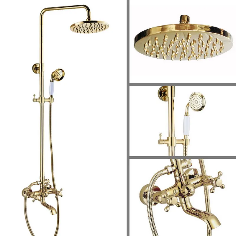 Gold Color Brass Two Cross Handles Wall Mounted Bathroom Rain Shower Head Bath Tub Faucet Set Telephone Shape Hand Spray mgf392