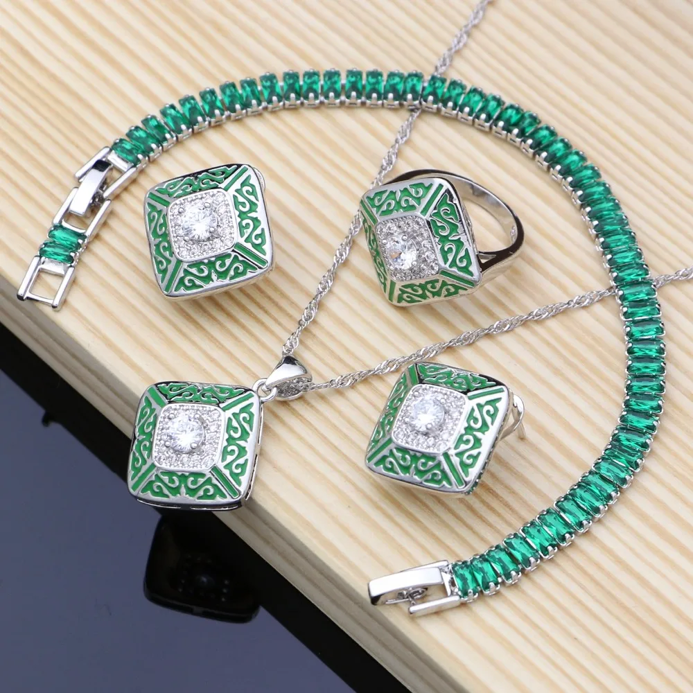 Green Lucite White Zircon Silver 925 Bridal Costume Jewelry Sets For Women Earrings/Pendant/Ring/Stones Bracelet/Necklace Set