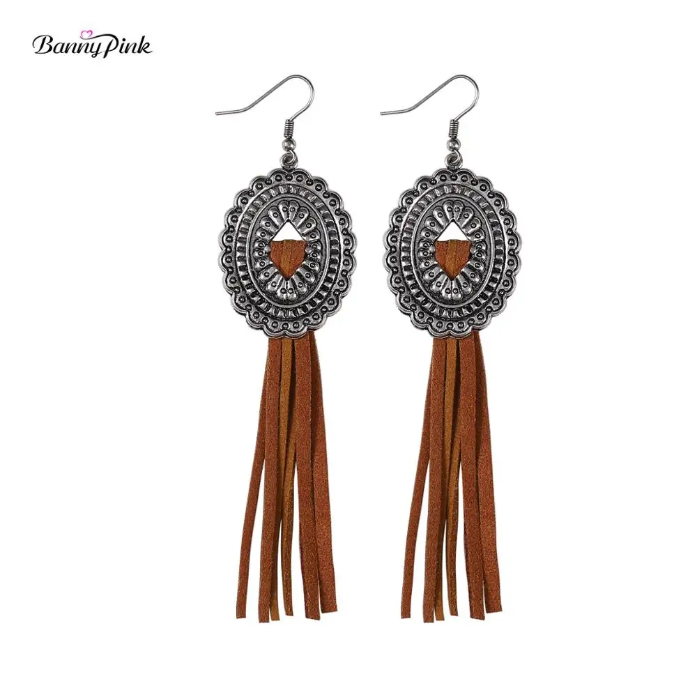 Banny Pink Tibetan Carved Geometric Pendant Dangle Earrings For Women Handmade Leather Tassel Fringe long Drop Earrings Brincos