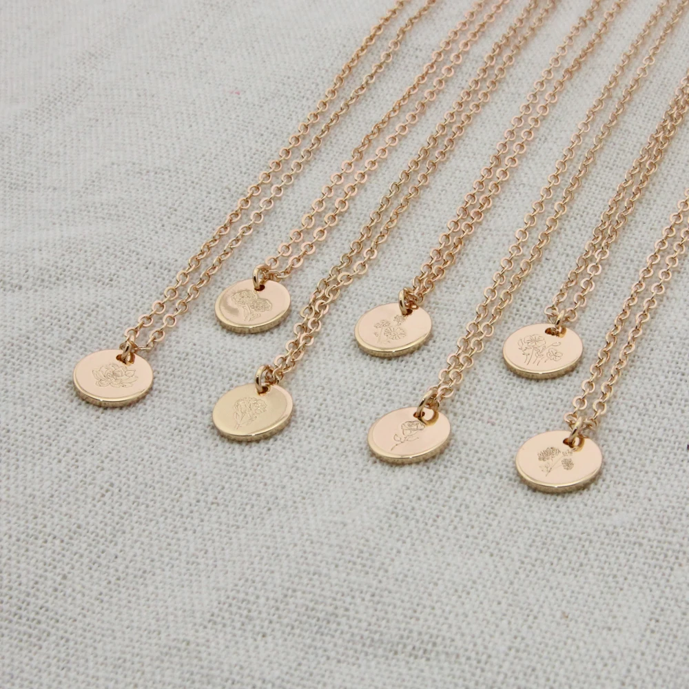 Delicate Birth Flowers Necklace Disc Pendant Layering Necklace Mother Daughter Necklace Women Jewelry Gift 10mm, 18inch