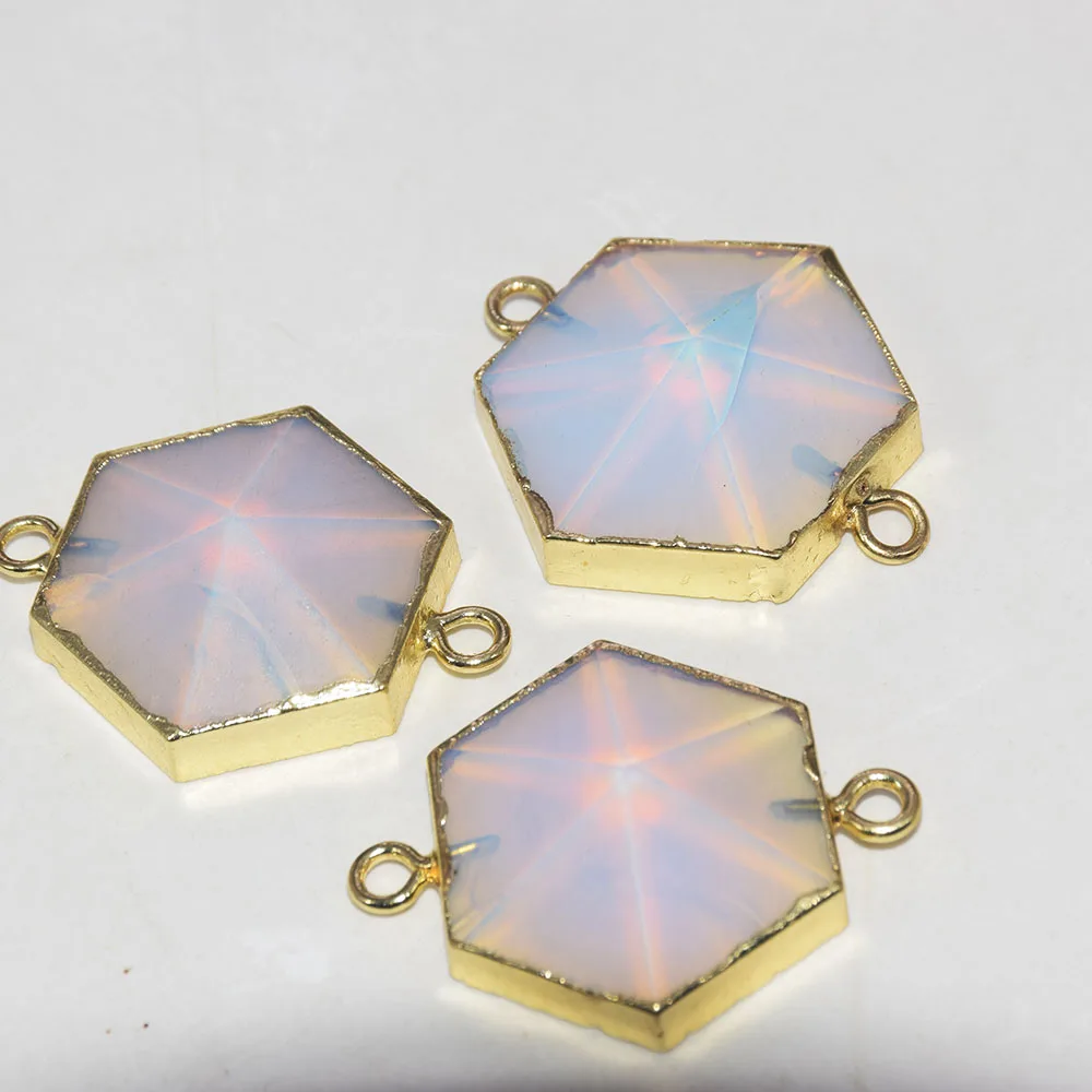 

2023 Gold Plated Opal Stone Connector Pendant Women Diy Accessories hexagonal big White Energy healing gem stones female as gift