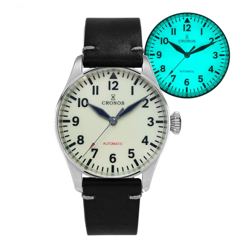 

CRONOS Mens Automatic Watches Men Pilot Watch Mechanical Wristwatch Full Luminous Dial 100M Waterproof Sapphire PT5000 / SW200