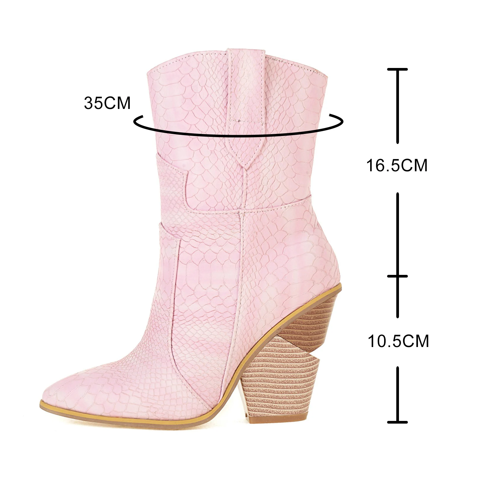 Women Western Cowboy Boots Faux Leather Pointed Wedges Female Cowgirl Boots Winter Chunky Heels Short Bottes Woman Shoes Pink 43