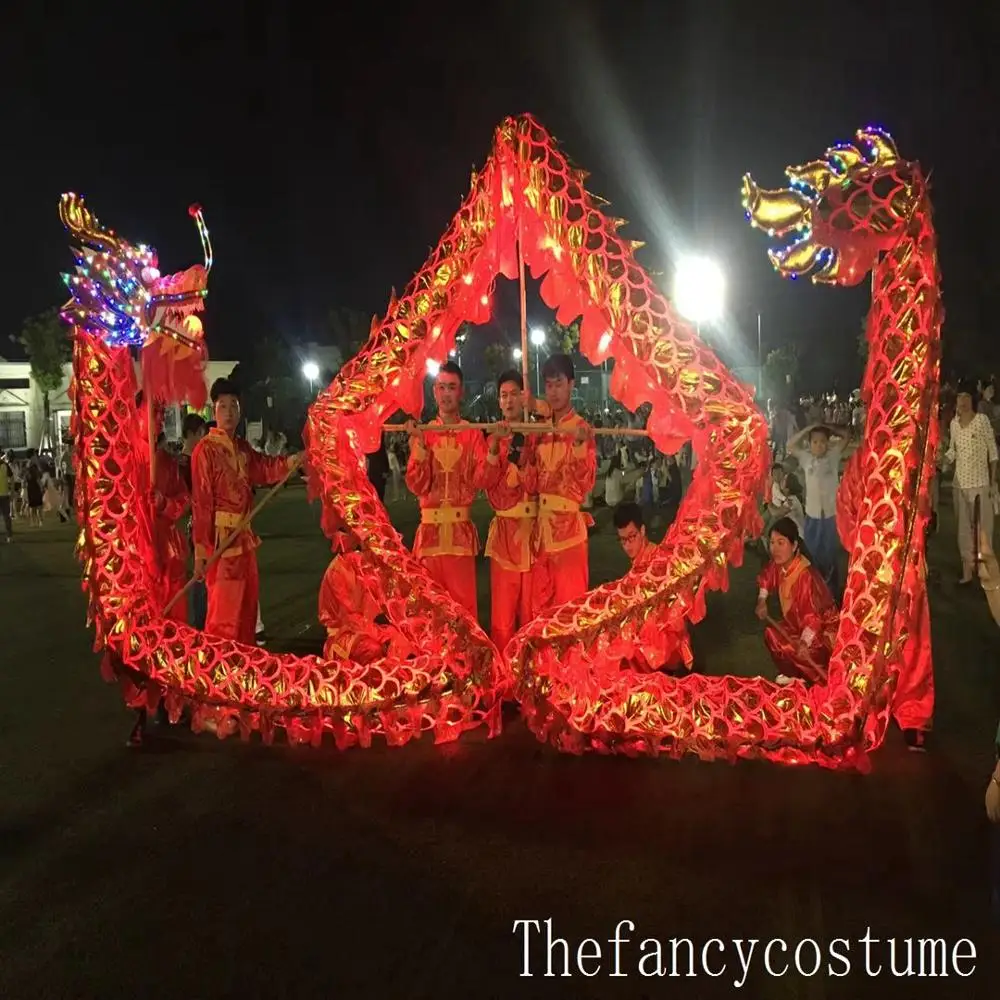 Chinese DRAGON DANCE Stage Prop Maat 5 Led-verlichting 7m 6 student Zijde Stof Mascotte Kostuum Parade Folk Festival