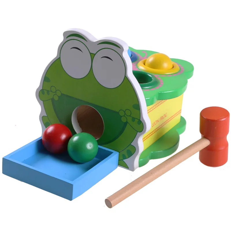 Wooden Toys Montessori Cartoon Frog Hand Knocking Ball Table Hammer Box Early Educational Toys For Children Kids Baby Present