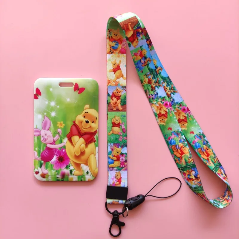 Disney Winnie Pooh Bear-funda con cordón para tarjeta de crédito, soporte para insignia de identificación para niños, funda para pase de autobús, correa para el cuello, Protector de tarjeta