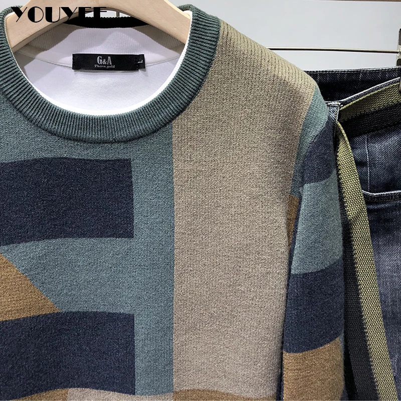 Men\'s Color Matching Sweater Korean Slim Trendy O-neck Plush Thickened Pullover Bottoming Shirt 2021 Autumn Winter Male Clothing