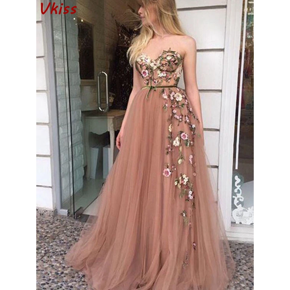 Flesh Rosa Tüll Prom Maxi Kleider 2020 Elegante Frauen Formale Party Nacht Lange Vestidos Gala Appliqus Roben Elegante Abendkleider