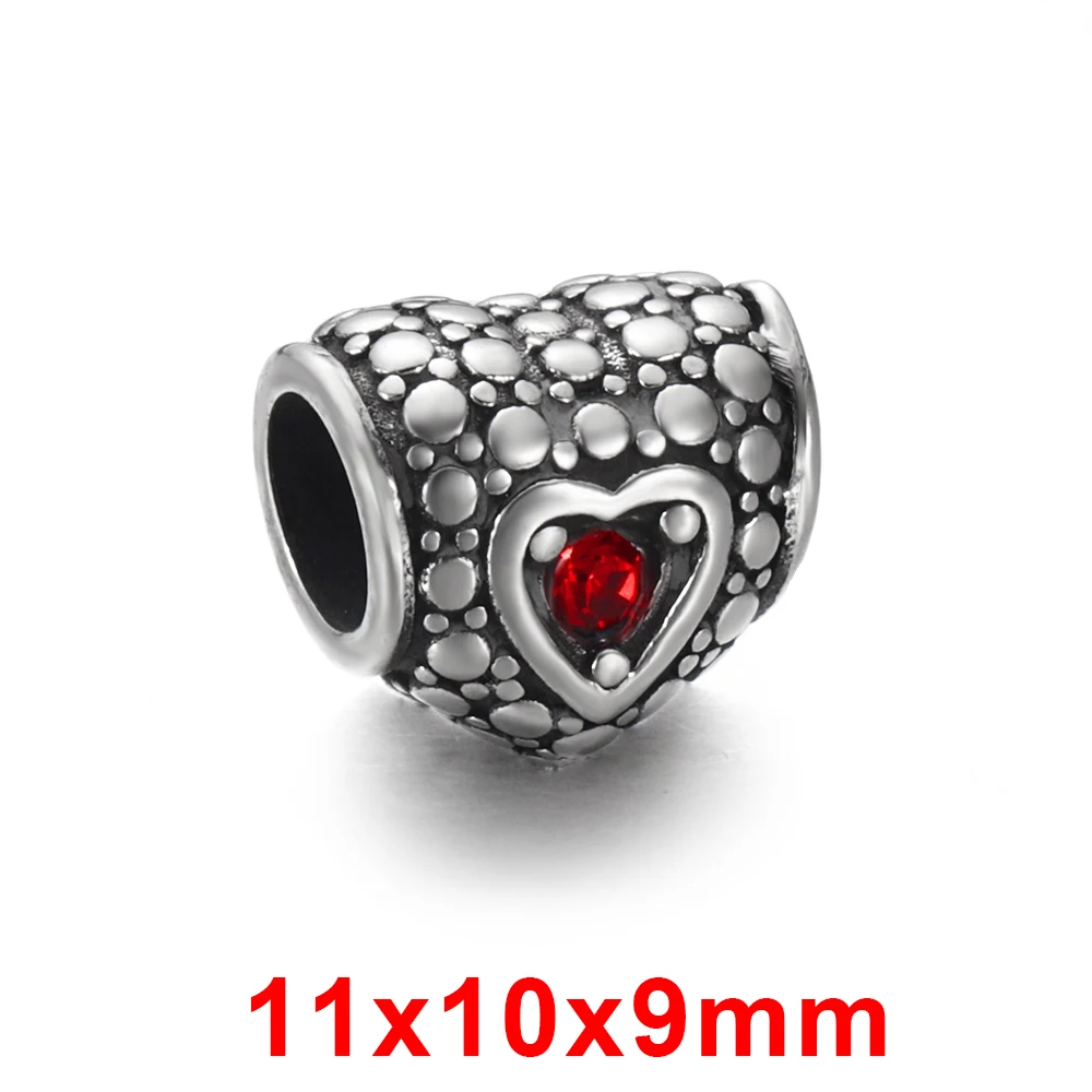 Stainless Steel Heart Bead Red Rhinestone 4mm Hole Metal European Beads Bracelet Charms for DIY Jewelry Making Accessories