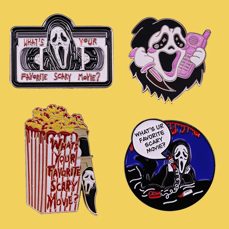 What\'s Your Favorite Scary Movie Scream Killer Enamel Brooch Pin Lapel Metal Pins Brooches Badges Exquisite Jewelry Accessories