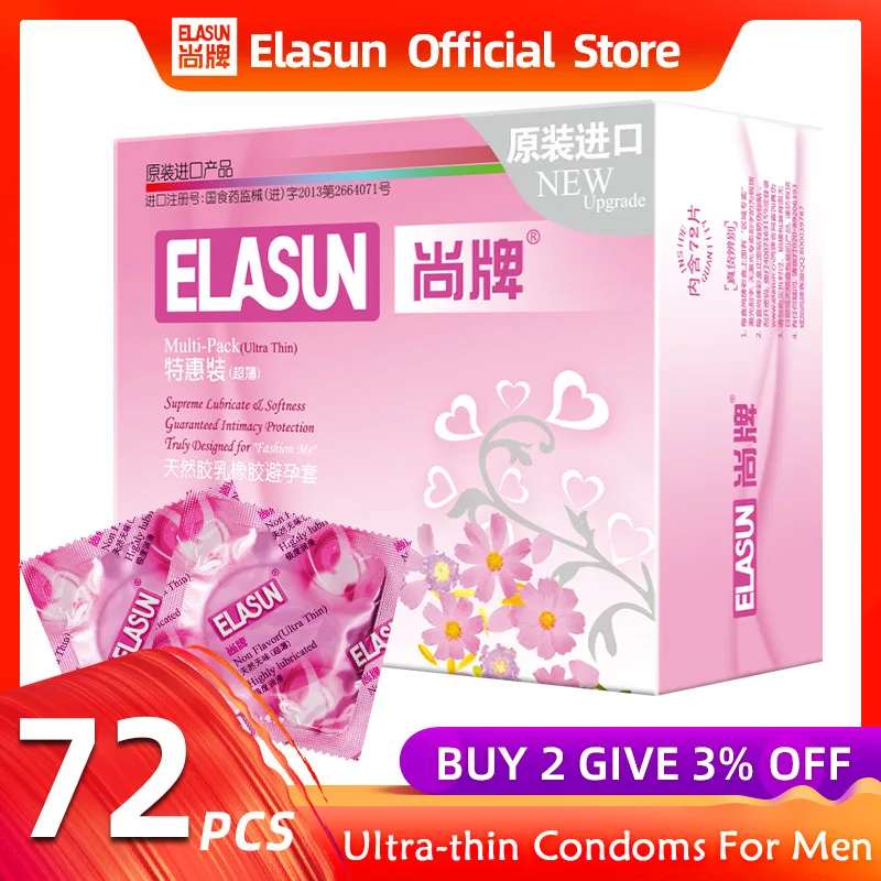 ELASUN Condoms 72pcs/lot Ultra Thin Super Lubricated Cock Penis Condom Contraception Intimate Products Sex Tool For Men Hot Sale