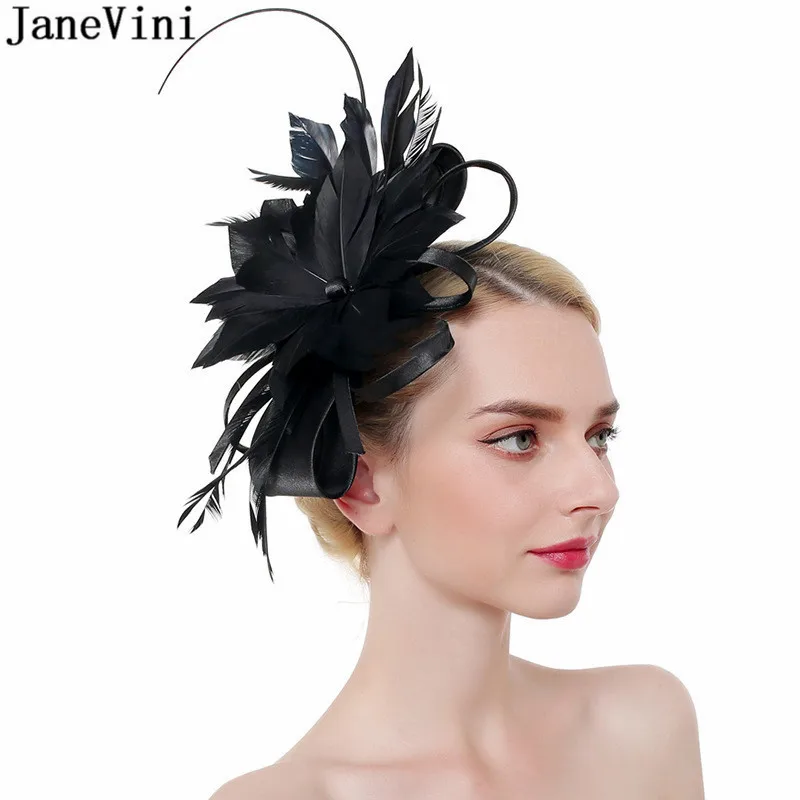 Janevini chapéu fascinator de casamento feminino, chapéu de penas pretas enfeites com preta chapéu para igreja cocktail festa de chá chapéu para moças de noiva faixa de cabelo