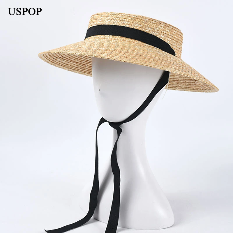 USPOP New French style vintage shallow crown straw hats women straw sun hats long ribbon natural wheat straw beach hat