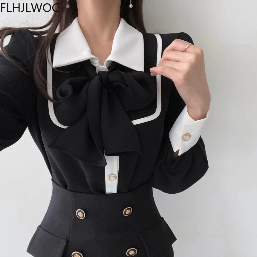 Women\'s Cute Bow Tie Tops Preppy Style Vintage Japan Korea Design Single Breasted Button Elegant Formal Red Black Shirts Blouses