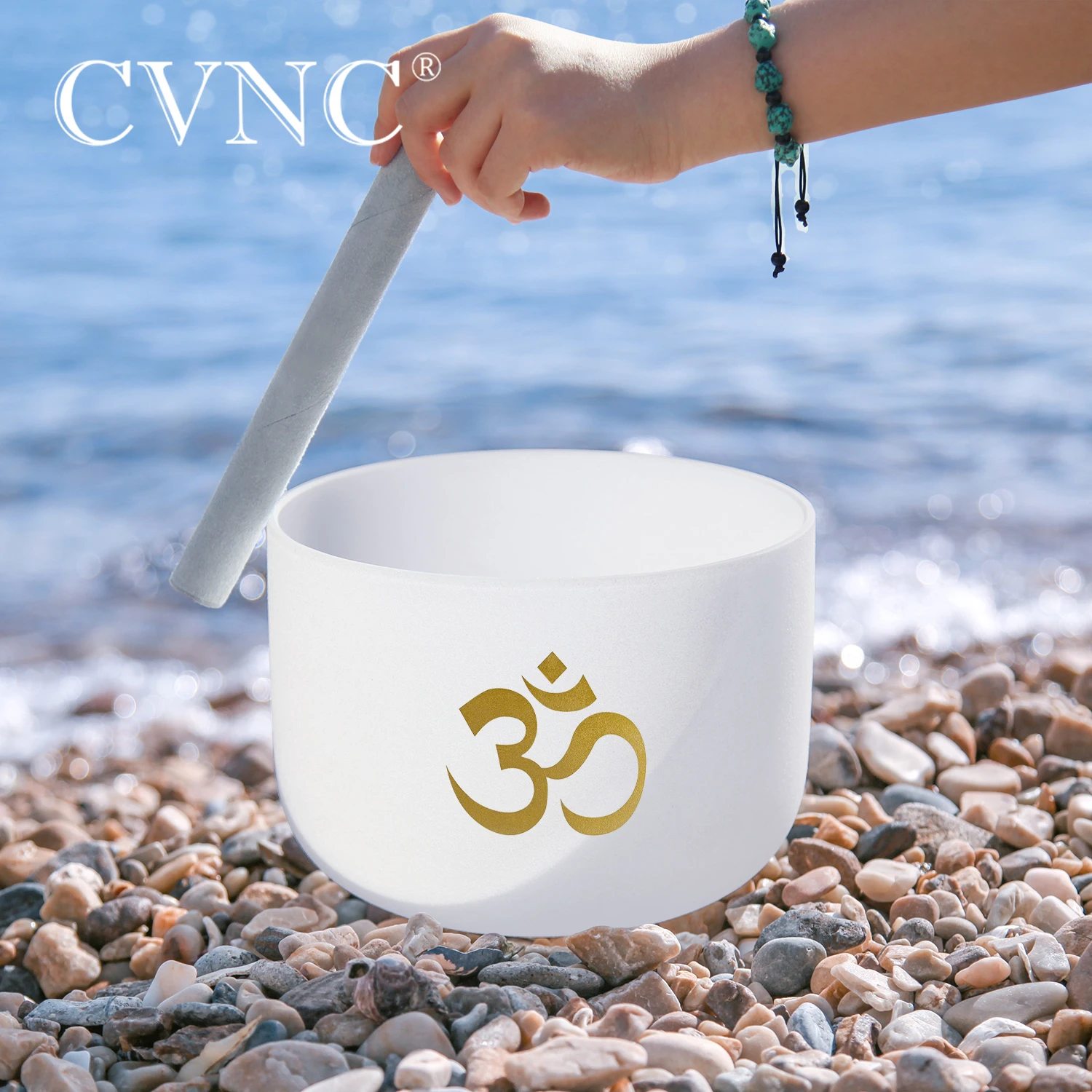 CVNC-cuenco cantor de cristal de cuarzo esmerilado para meditación, curación de sonido con Mazo y junta tórica, 8 pulgadas, 440/432HZ, diseño OM, Chakra