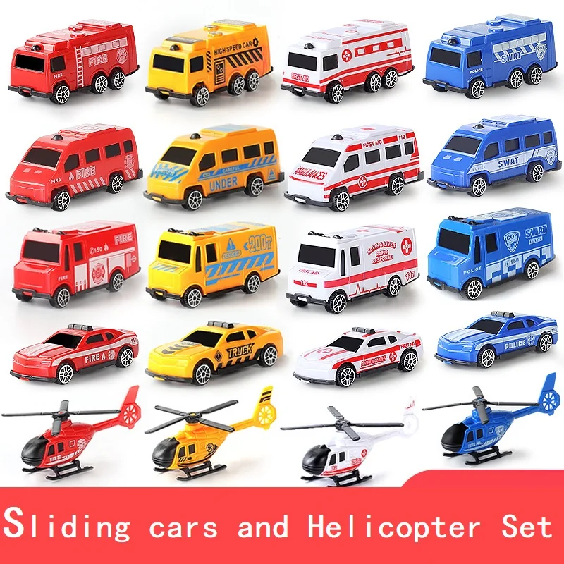 5PCS Cars and Helicopter Plane Set Toys For Children Plastic Vehicle Fire Truck Taxi Model Cosplay Game Kids Christmas Gift