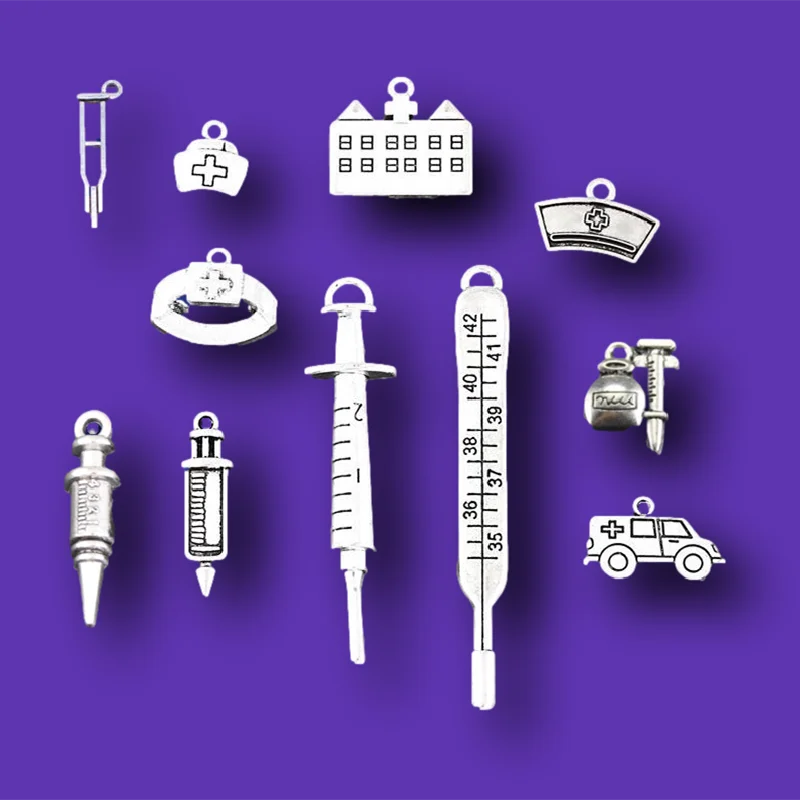 11pcs Mix Silver Plated Medicine Hospital Syringe Nurse Cap Ambulance Thermometer Pendant DIY Charms Health Jewelry Accessorie