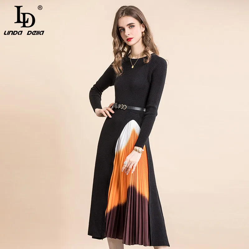 LD LINDA DELLA 2022 Autumn Fashion Runway Vintage elastic Knitted Dress Women Long Sleeve Patchwork Pleated Belted Midi Dress