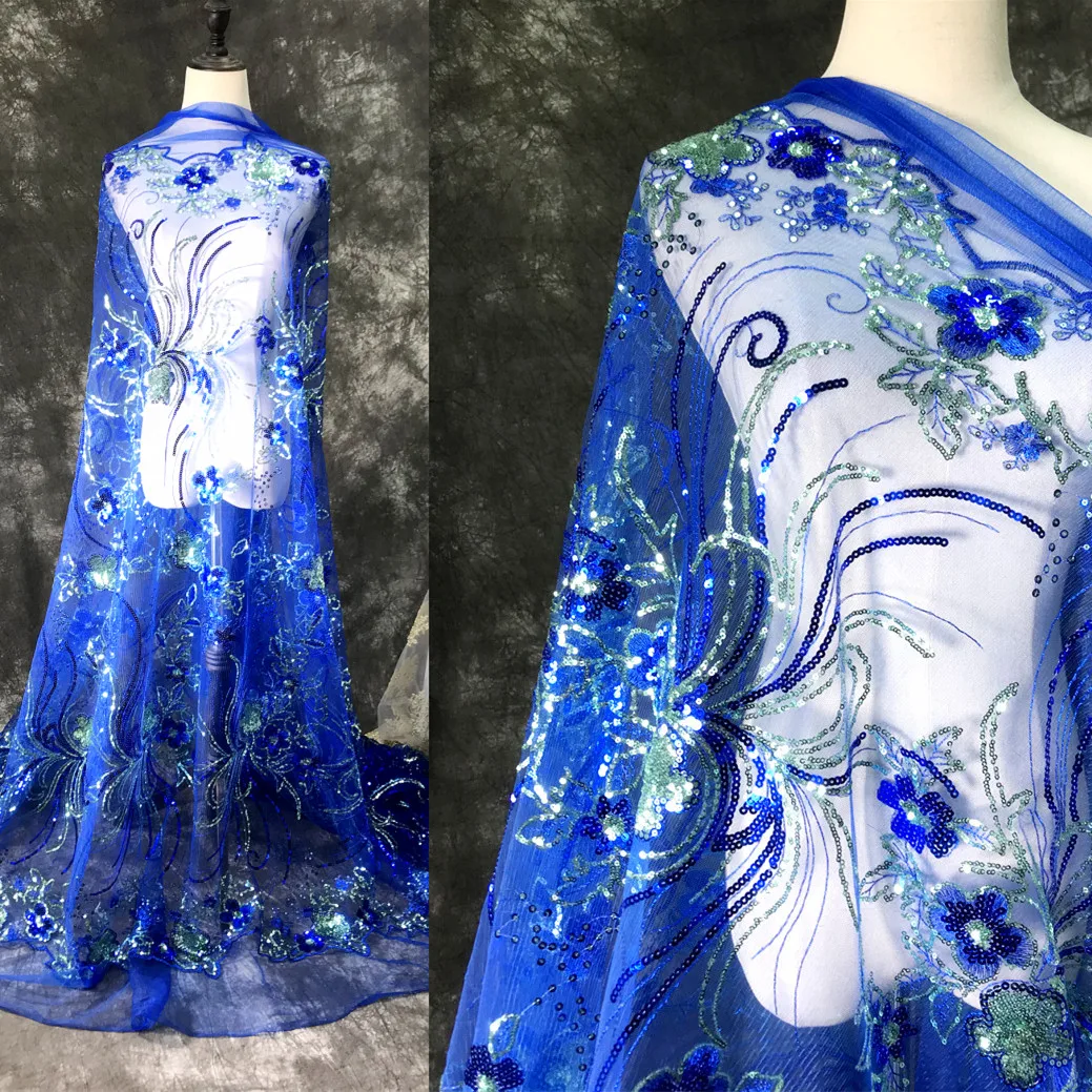 Fotografia 6: Novo rosa safira azul grande flor 3d lantejoulas bordado malha tecido desempenho roupas flor bordado tecido de renda