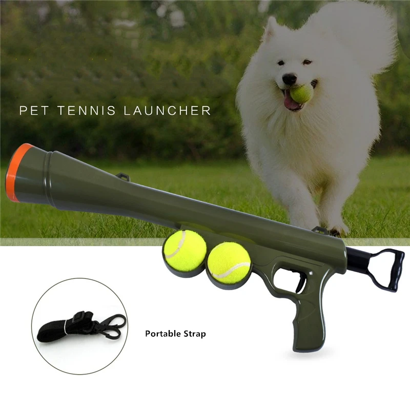 

Dog Tennis Two Ball Launcher Toy Throwing Gun Rated Blaster Game Reach Play Fetch Carry Strap Breeds inclduing Sports Thrower