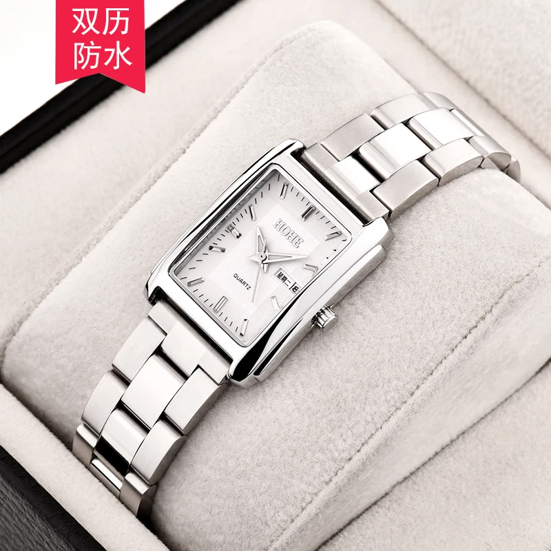 Women's rectangular waterproof double calendar quartz watch luminous fashion leisure couple new simple women and men's Watch