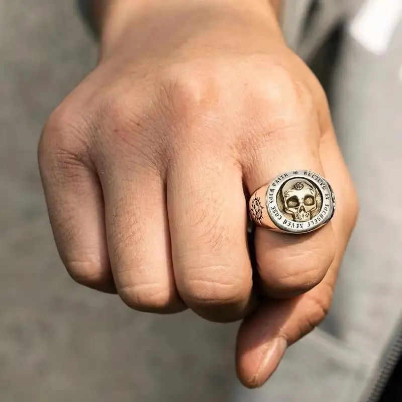 Retro Domineering Skull Ring Male Trendy Hip Hop Skull Ring European and American Punk Rock Male Ring Outdoor Self Defense Ring