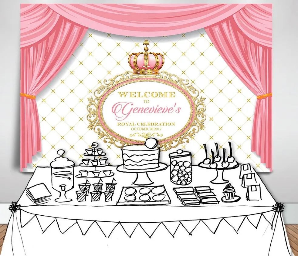 

Custom Pink Crown Princess Girls Curtains photography backgrounds High quality Computer print birthday backdrop