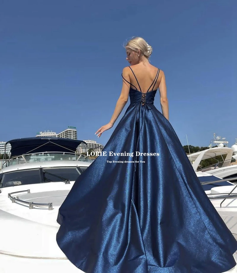 Lorie Sexy V-hals Formele Sparkle Satin Avondjurk 2021 Mouwloze Prom Party Dress Side Split Longo Party Gown Custom gemaakt