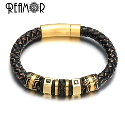 REAMOR Luxury Stainless Steel Zircon Gold Color Beads Charm Bracelets For Men Handmade Genuine Leather Braided Bangle Jewelry