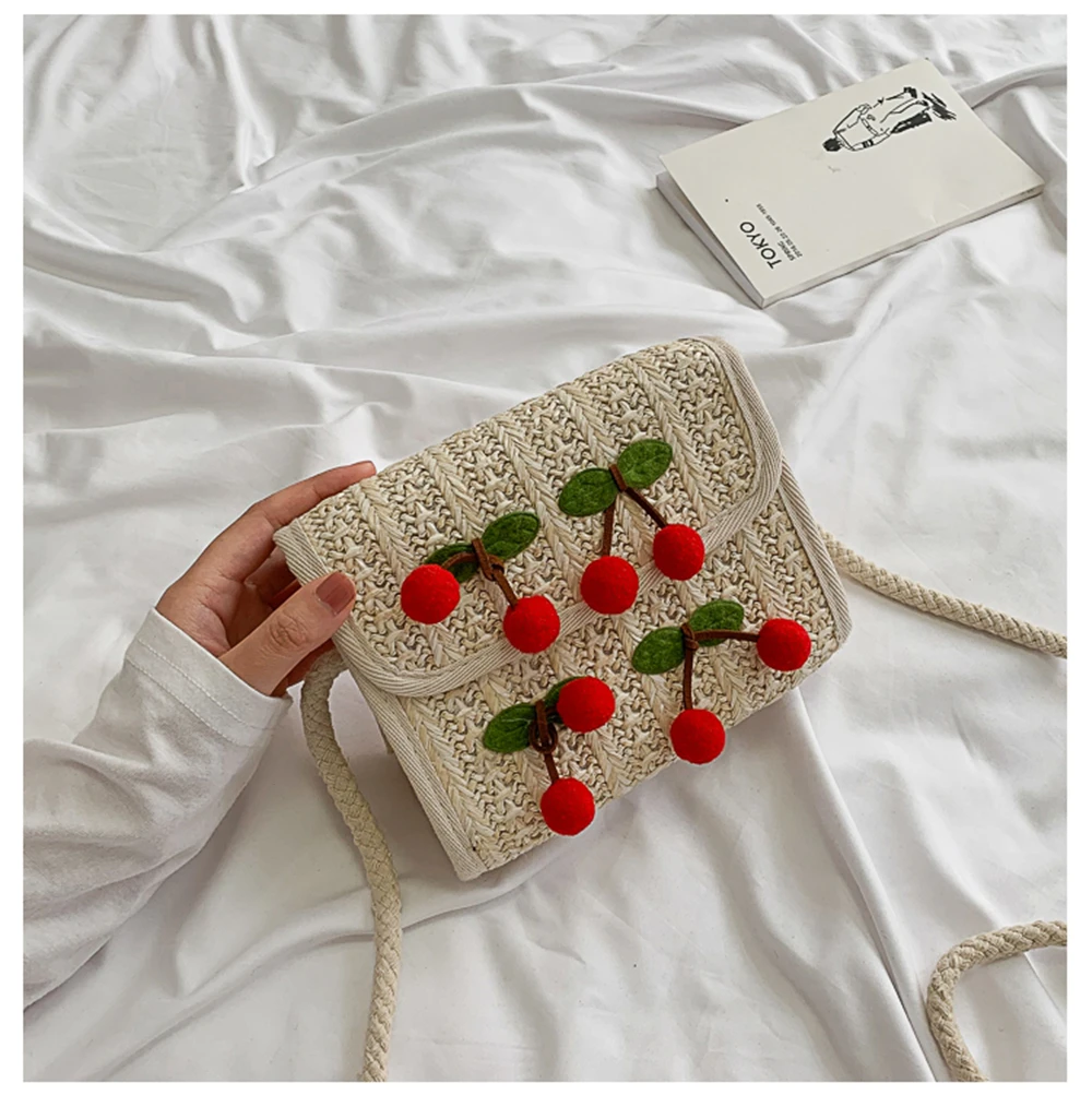 Cute Cherry Straw Summer Beach Boho Bag Women Messenger Bag Women  Embroidery Knitted Satchel Small Bags