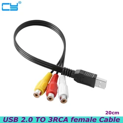 20cm USB 2.0 męski do 3 RCA Adapter żeński konwerter Audio wideo AV A/V kabel do HDTV TV Monitor kabel DV lotos