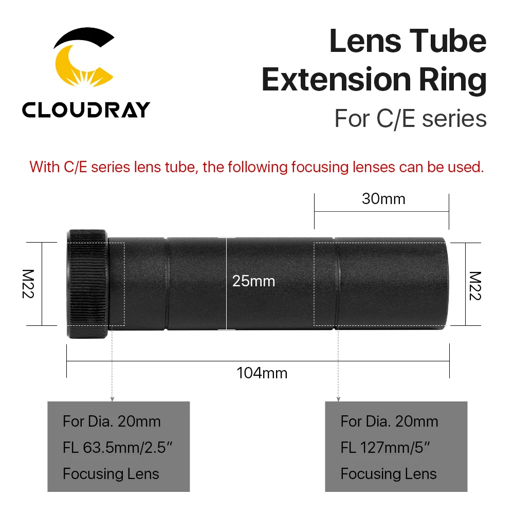 Anillo de extensión de tubo de lente Cloudray serie E, tubo de lente CO2 O.D.25mm para lente D20 F63,5mm/127mm para máquina cortadora láser CO2