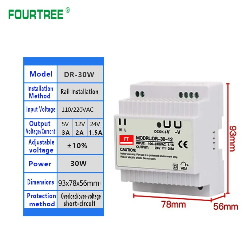 DR-15W 30W 45W 60W DIN Rail Switching Power Supply Single Output 5V 12V 24V AC DC Converter Power Switch Input 110/240VAC