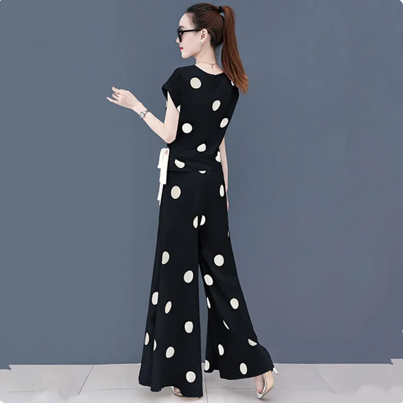 UHYTGF Two Peice Set For Women 2023 Fashion Chiffon Summer Suit Women Polka Dot Split Wide Legs Skirt Pants Thin 2 Piece Set 946