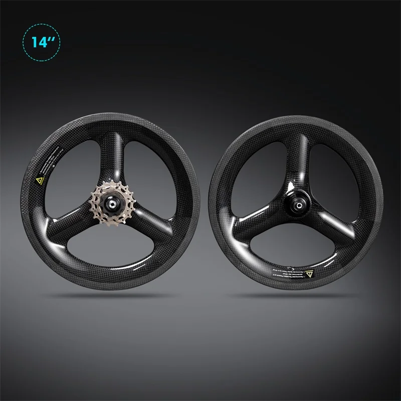 ICANbikes 14inch 255 Carbon Tri Spokes Wheel V brake 3K Glossy Bicycle Wheelset For Folding Wheelset