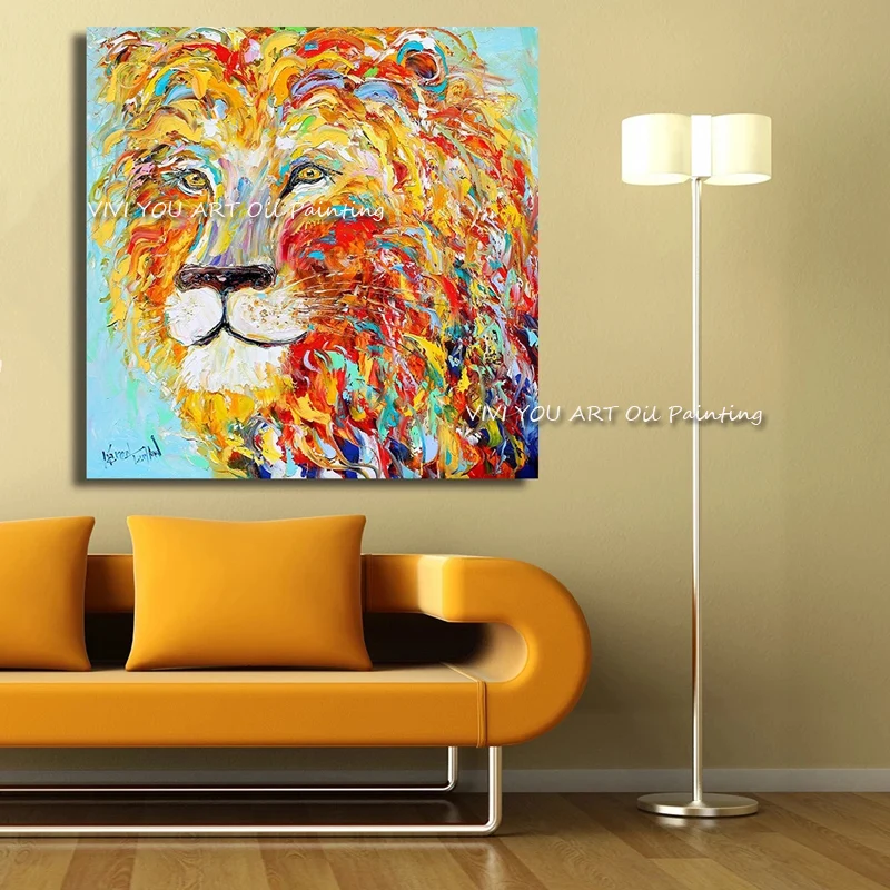 100% Handmade Abstract impressionism Colorful lion animal portrait painting Original palette knife oil painting on canvas