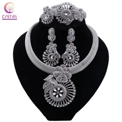 CYNTHIA Women Silver Plated Necklace Women Jewelry Sets Crystal Earrings Ring Classic Wedding Flower Jewelry Set for Bride