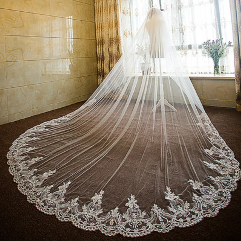

Real Photos 2 Layers Sequins Lace 3 Meters Cathedral Woodland Wedding Veils with Comb 3M 4m Long White Ivory 2 T Bridal Veils