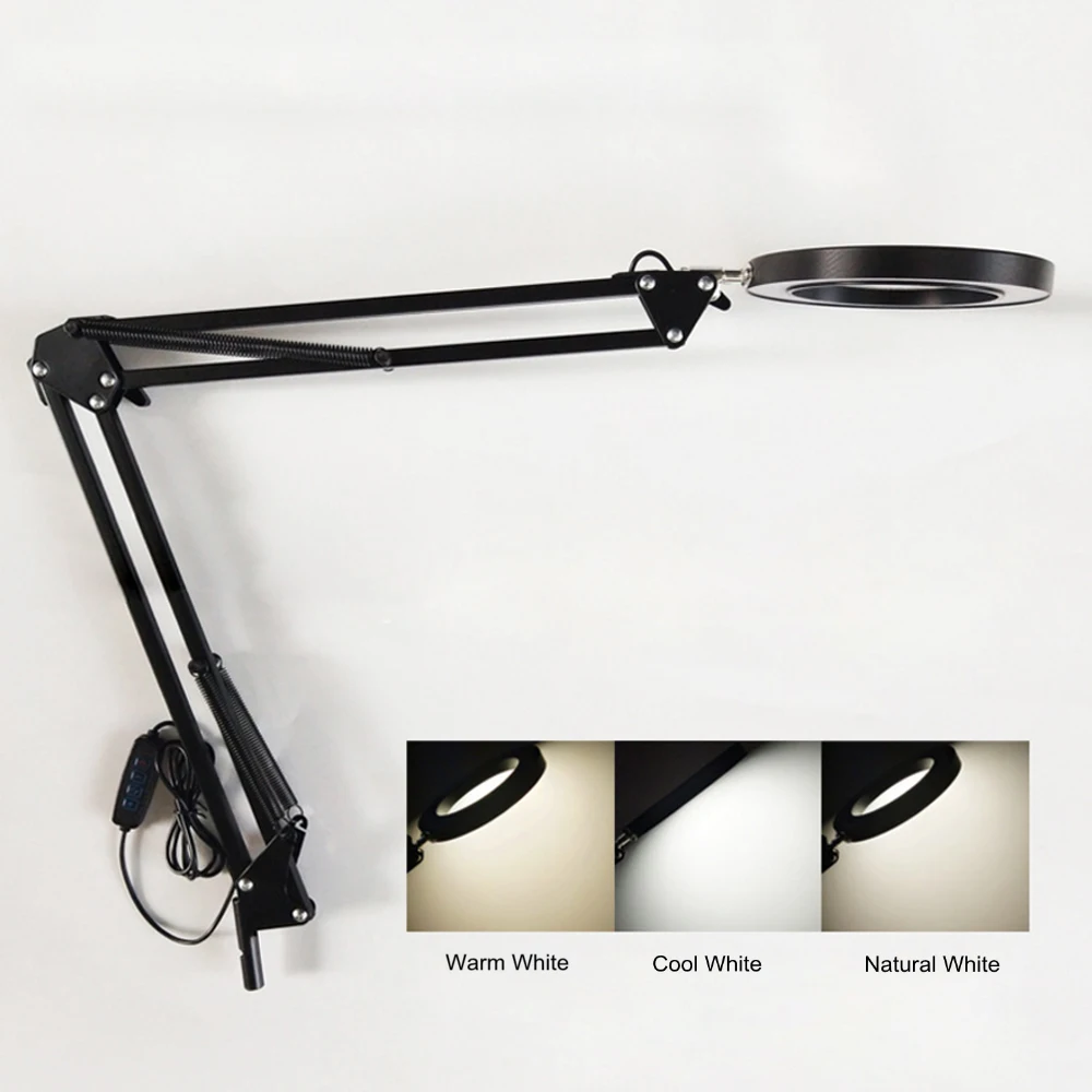 Desk Lamp 3 Colors Dimming Table Lamp 5X Magnifier Glass With Light Stand Clamp Magnifying Lamp