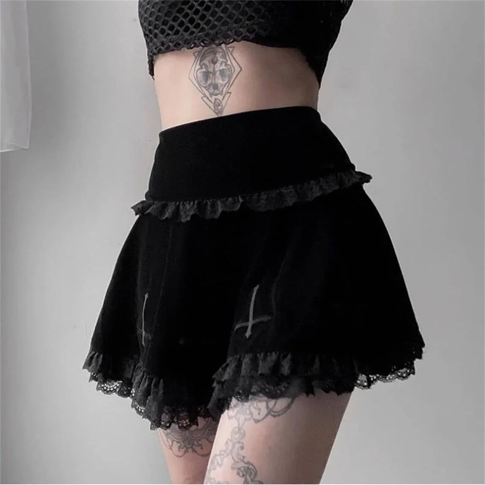 

Retro Punk Design Cross Embroidery Lace Skirt 2021 Summer High Waist New Skirt Gothic Loli Street Skirt