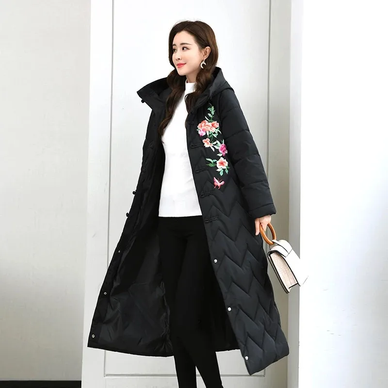 X-Long Parkas Women Thick Cotton Padded Jacket Winter Hooded Floral Embroidery Ladies Chinese Style Single Breasted Loose Coat