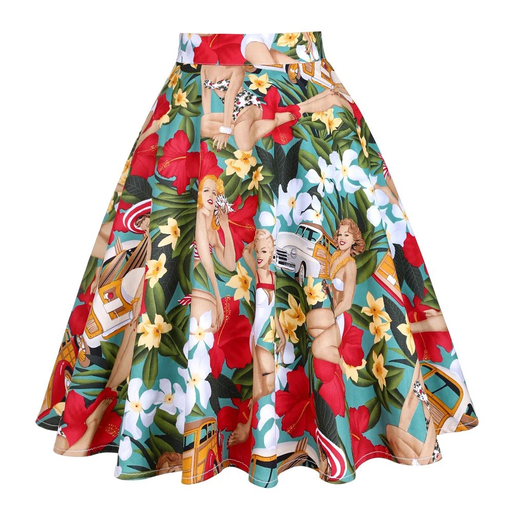 

Summer Cotton Floral Car Beauty Print High Waist Skirts Womens 2021 Retro Vintage Skirt Elegant Swing Women A Line Skirt