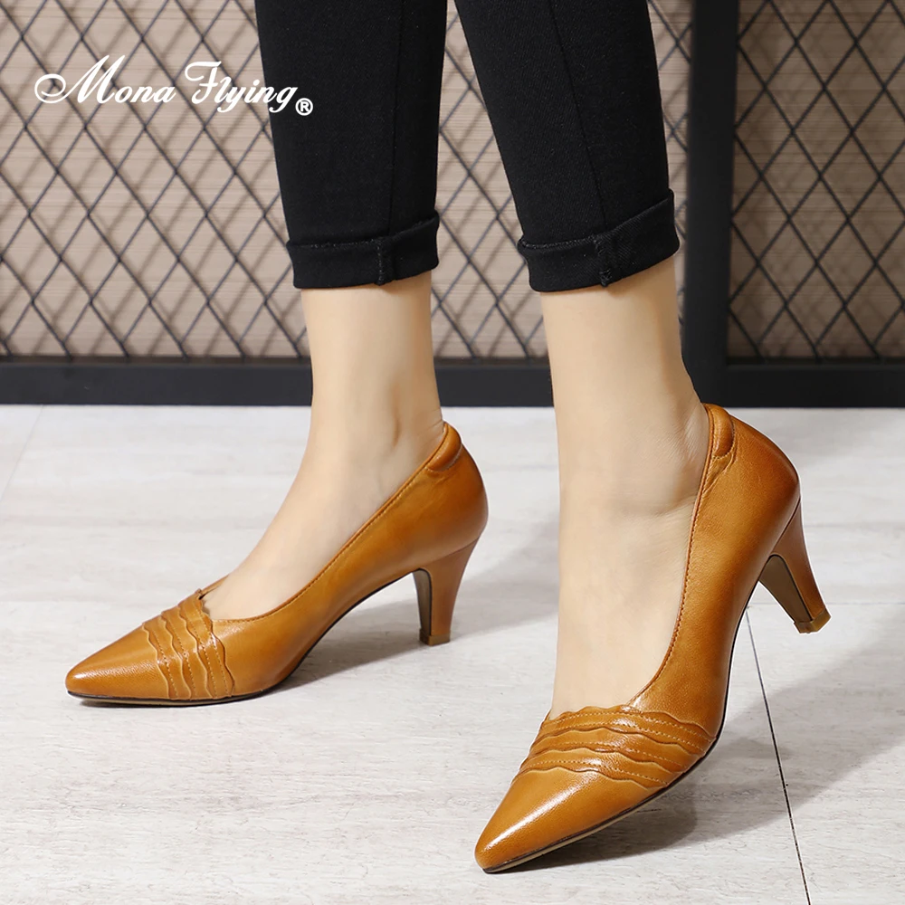 Mona Flying Women Leather 7cm Dress Pumps Heels Comfort Fashion Hand Made Shoes Pointed Toe High Heels for Office Ladies G168-9