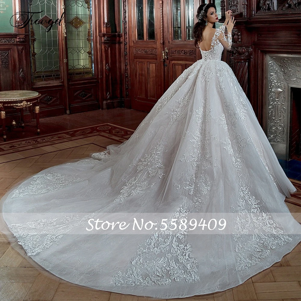 Traugel Luxury Chic Scoop Ball Gown Lace Wedding Dresses Appliques Long Sleeve Bride Dress Cathedral Train Bridal Gown