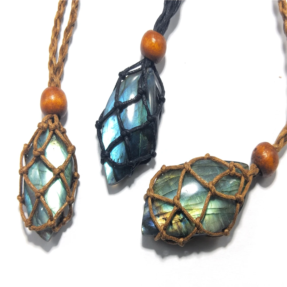 Necklace Cord Empty Stone Holder Crystal Quartz Necklace Cord Healing Fish Netted Indians Amulets Pendant Raw Stone Chakra Point